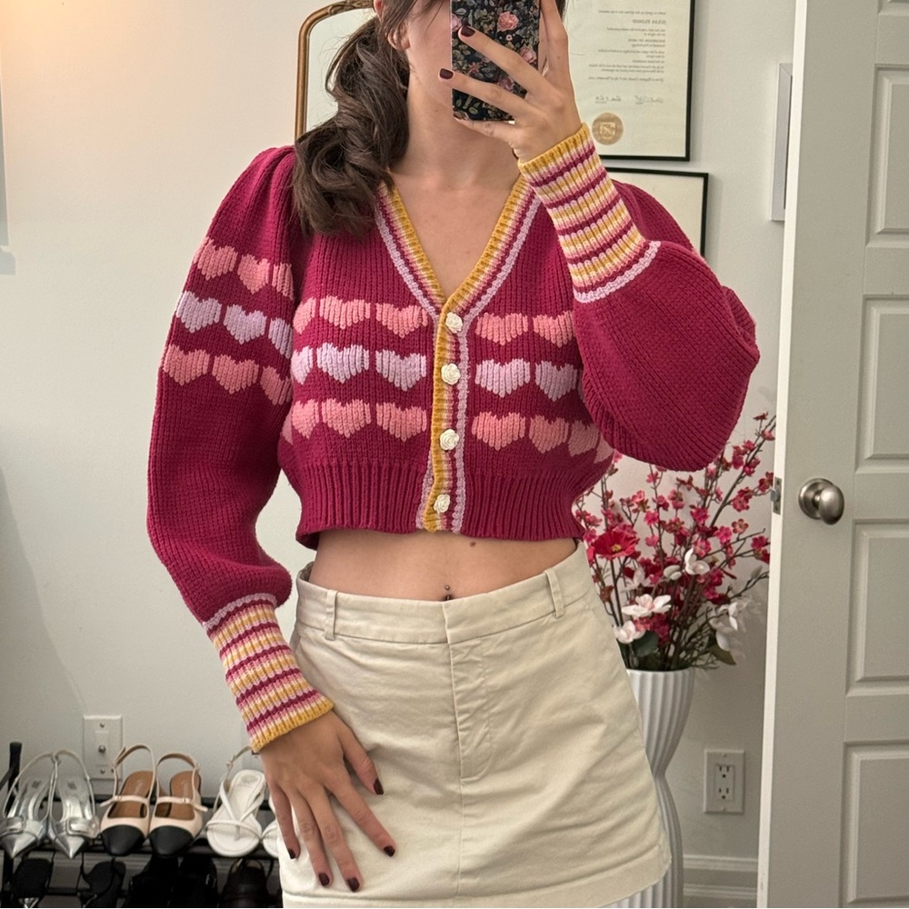 LoveShackFancy Pink and Yellow Heart Cardigan